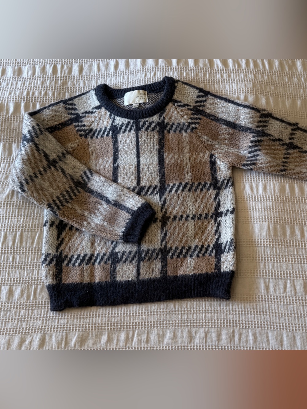 J.O.A. Fuzzy Plaid Crewneck Sweater S Mohair Wool Blend Knit